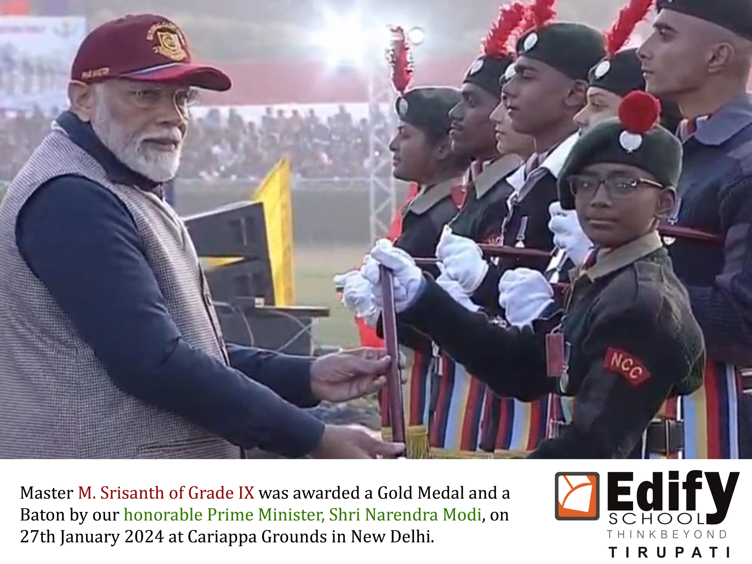 Master M. Srisanth of Grade IX was awarded a Gold Medal and a Baton by our honorable Prime Minister, Shri Narendra Modi, on 27th January at Cariappa Grounds in New Delhi